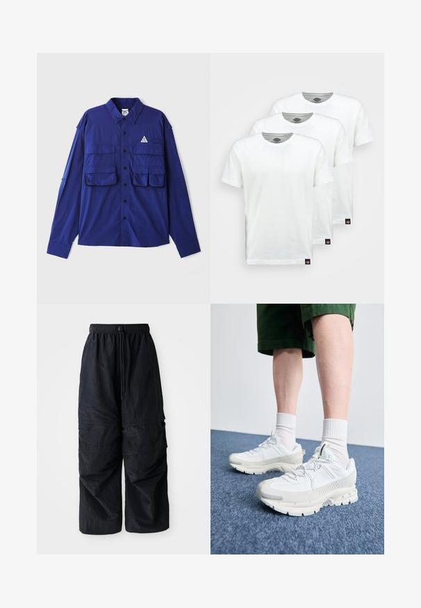 Zils garām piedurknēm krekls ar divām krūšu kabatām, pogu aizdare priekšā un trīsstūra logo kreisajā pusē. Izgatavots no viegla auduma.; Trīs vienkārši balti kokvilnas T-krekli ar īsām piedurknēm. Katram kreklam ir apaļa apkakle un mazs melns logo uzlīme kreisajā pusē.; Melnas vieglas neilona cargo bikses ar elastīgu jostu, regulējamu auklu un vairākiem slāņotiem kabatām uz kājām.; Baltas sporta apavi ar teksturētām detaļām, masīvu zoli un pelēkiem akcentiem. Valkāti ar baltiem zeķu pēdu apģērbiem un zaļām šortiem uz zilas virsmas.