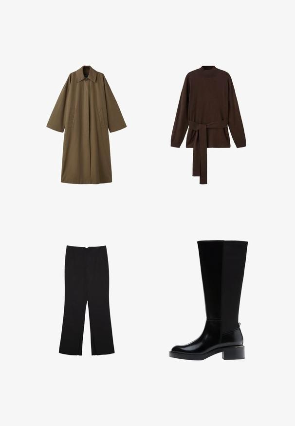 Dlouhý hnědý kabát z bavlněné směsi s límcem, dvěma předními kapsami a širokými rukávy, s rovný střih a minimalistickým designem.; Hnědý pletený svetr s vysokým výstřihem, dlouhými rukávy a odpovídajícím páskem v pase. Měkká textura a volný střih.; Černé kalhoty s rovným střihem, s předními kapsami a bočními rozparky na lemu. Vyrobené z jemné, hladké tkaniny. Vhodné na různé příležitosti.; Černá kozačka ke kolenu z hladké kůže, s výrazným prošíváním, robustním podpatkem a texturovaným zadním panelem pro větší zajímavost.