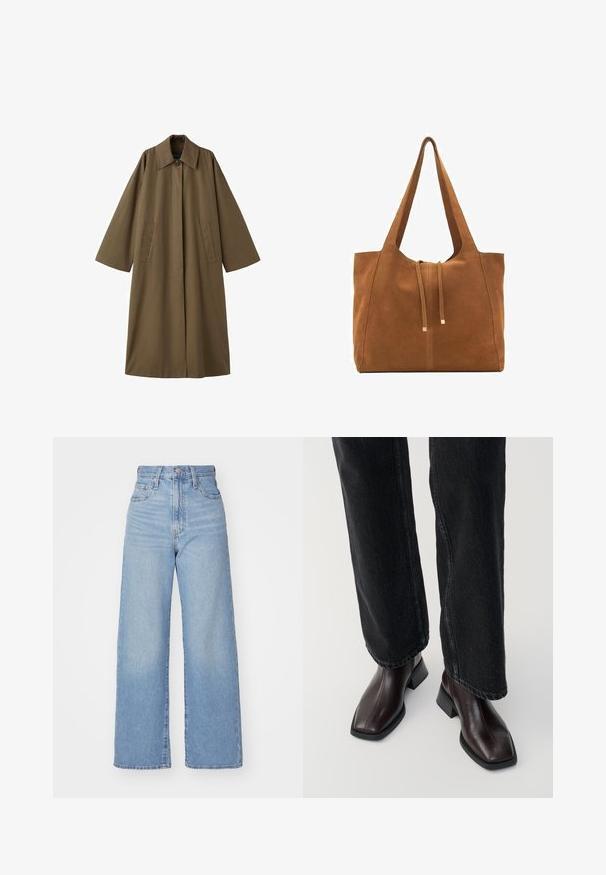 Cappotto lungo in misto cotone marrone, con colletto, due tasche frontali e maniche ampie, caratterizzato da un taglio dritto e un design minimalista.; Maglione corto color crema realizzato in morbido tessuto testurizzato, con maniche lunghe e scollatura rotonda. Design minimalista, senza hardware visibili o motivi.; Jeans a vita alta blu chiaro con gamba larga, chiusura frontale con bottone e zip, tasche anteriori e posteriori, su uno sfondo bianco.; Stivali in pelle marrone fino alla caviglia con punta quadrata e tacco a blocco, abbinati a jeans neri a gamba larga. Texture liscia e design minimalista.; Borsa a tracolla in suede marrone con due lunghe cinghie, chiusura con cordoncino e design minimalista. Texture liscia e senza elementi hardware visibili.