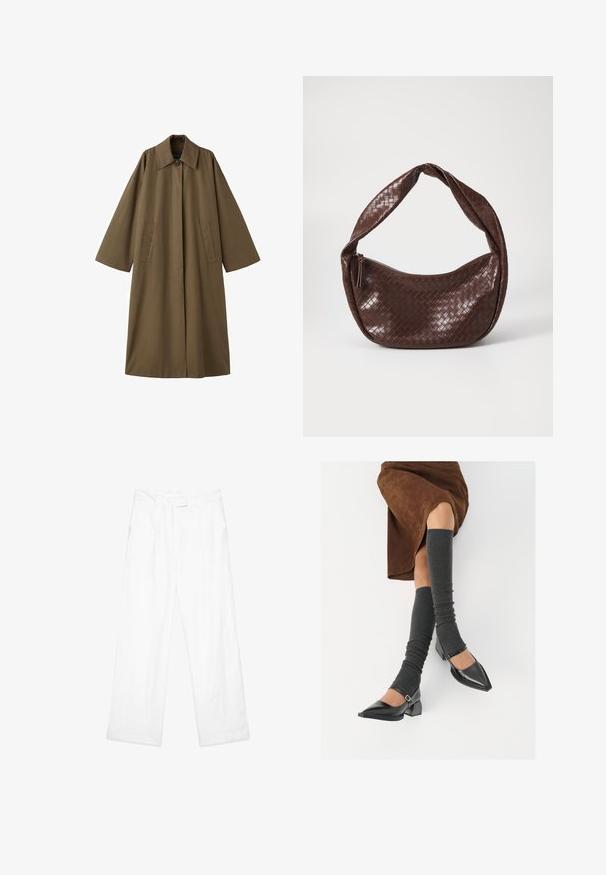 Dolga, rjava plašč iz mešanice bombaža s ovratnikom, dvema sprednjima žepoma in širokimi rokavi, s pravim krojem in minimalističnim dizajnom.; Črn, rebrast pleten top z edinstveno asimetrično silhueto in enim naramnikom. Gladka tekstura, brez vidnih velikosti ali vzorca.; Beli laneni hlače z ohlapnim krojem, ravnimi nogami, sprednjimi žepi in ravnim pasom. Gladka tekstura po celotni površini.; Črne lakirane čevlje s pointy prsti in blok peto ter z naramnicami za gleženj, ki jih kombiniramo s sivimi rebrastimi nogavicami in rjavim suknjičem iz usnja.; Rjava prepletena usnjena torbica s ukrivljenim, vozlano ročajem in zadrgo. Gladka tekstura in okrogla oblika.