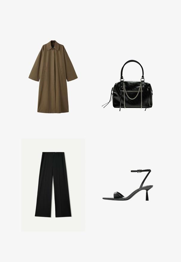 Palton lung, dintr-un amestec de bumbac de culoare maronie, cu guler, două buzunare frontale și mâneci largi, având o croială dreaptă și un design minimalist.; Top negru din tricot cu un siluetă asimetrică unică și un singur bretele pentru umăr. Textură netedă, fără accesorii sau modele vizibile.; Bershka WIDE - Pantaloni - black; Bershka Sandale cu toc - black; Bershka WITH CHAIN - Geantă de mână - black