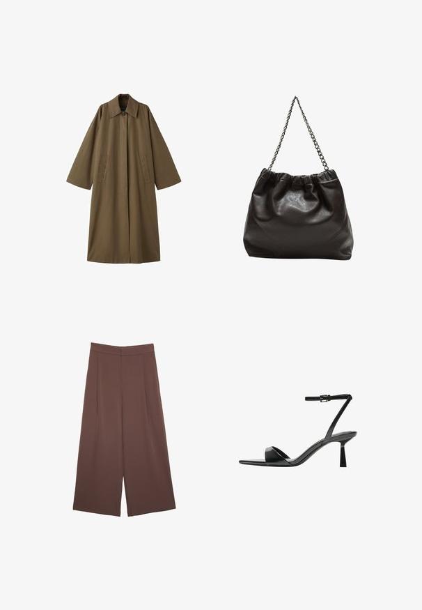 Dlhý, hnedý, bavlnený kabát z bavlnenej zmesi s golierom, dvoma prednými vreckami a širokými rukávmi, s rovnou líniou a minimalistickým dizajnom.; Čierny, rebrovaný pletený top s jedinečnou asymetrickou siluetou a jedným ramenným pásikom. Hladká textura, bez viditeľného kovania alebo vzoru.; Hnedé nohavice so širokými nohavicami a hladkou textúrou, s vysokým pásom a prednými skladmi. Tkanina je ľahká a voľne sa pohybuje.; Bershka Sandále na vysokom opätku - black; Hnedá kožená taška so zberaným vrchom a reťazovým popruhom. Hladký povrch s lesklým finišom a jemným švom po stranách.