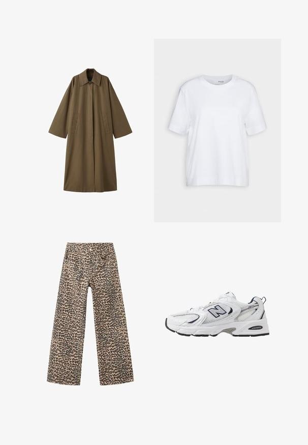 Dolga, rjava plašč iz mešanice bombaža s ovratnikom, dvema sprednjima žepoma in širokimi rokavi, s pravim krojem in minimalističnim dizajnom.; Bela kratka majica s kratkimi rokavi, krojačka ovratnika, izdelana iz mehkega, gladkega bombažnega blaga, s pravim robom in minimalnimi podrobnostmi. Enostaven in vsestranski dizajn.; Hlače širokega kroja iz denima v svetlo rjavi barvi z vzorcem črnih leopardov; vsebujejo pet žepov in sprednje zapiranje na gumb.; Bele športne copate z mrežasto zgornjimi deli, mornarskimi naglasnimi barvami in oblazinjeno podplatom. Vključujejo logotip "N", vezalke in teksturirane detajle na strani.