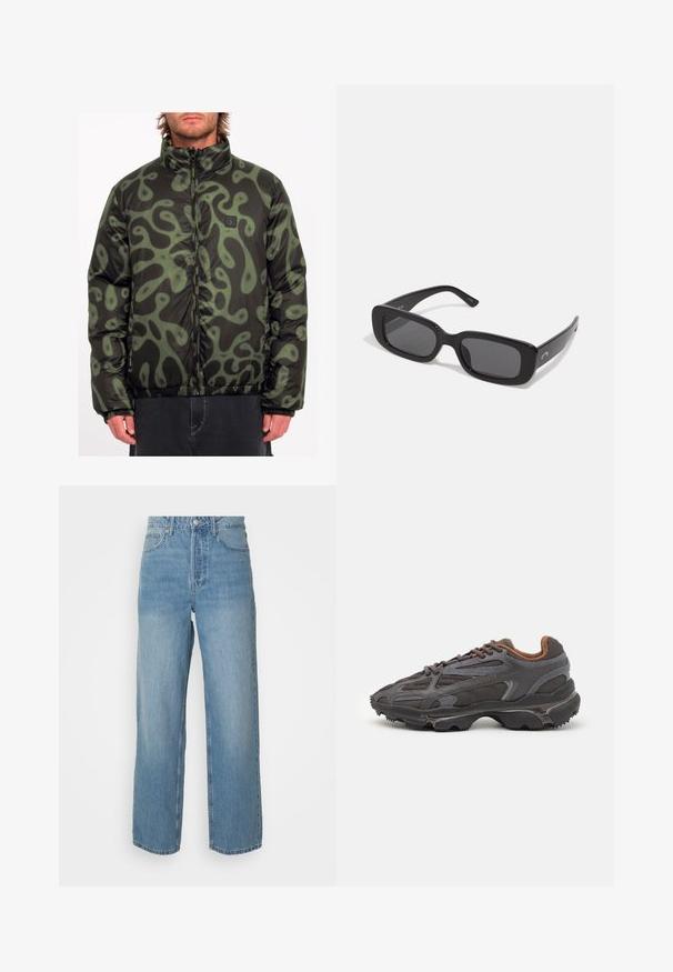 Pufferjack in zwart met groen abstract patroon, rits sluiting, hoge kraag, elastische manchetten en zoom, met een logo patch op de borst.; Zwarte longsleeve t-shirt van katoen, met een ronde halslijn en een klein groen geborduurd krokodillenlogo op de linkerborst.; Hoge taille lichtblauwe denim jeans met rechte pijpen, sluiting met een knoop aan de voorkant en vijf zakken, op een effen achtergrond.; Lacoste sneakers in donkergrijs van mesh en synthetisch materiaal, met een gestructureerde zool en bruine accenten op de kraag en branding.; Zwarte rechthoekige zonnebril met donkere lenzen, glanzende kunststof montuur en brede veren. Subtiele branding aan de zijkant.; Zwarte schoudertas met een ritszak, rechthoekige vorm, gemaakt van stof, voorzien van een logo-opdruk op de voorkant, verstelbare schouderband.