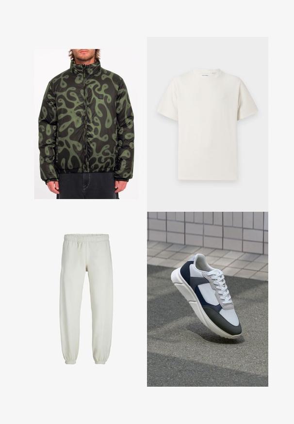 Doudoune noire avec motif abstrait vert, fermeture éclair, col montant, poignets et ourlet élastiques, avec un patch logo sur la poitrine.; T-shirt blanc à manches courtes en texture côtelée. Encolure ronde, coupe décontractée, sans motifs ni accents visibles. Design simple et polyvalent.; Pantalons de survêtement blancs en tissu doux, avec une taille et des poignets élastiques, présentant une texture lisse et un design ample.; Baskets blanches, bleu marine et grises avec un design en matériaux mélangés, présentant une tige texturée, des lacets plats et une semelle rembourrée.