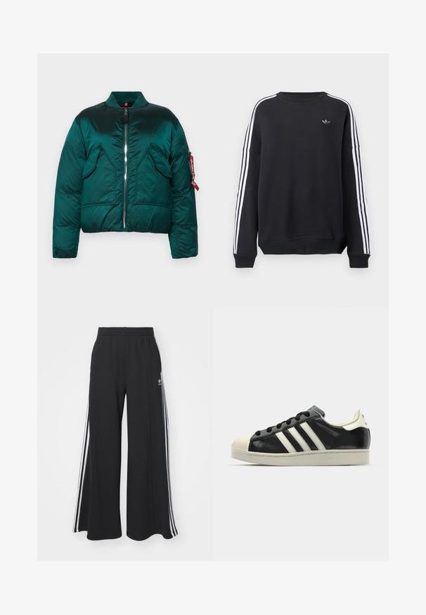 Grüne Puffjacke mit einem Reißverschluss, Stehkragen, zwei vorderen Taschen und einer Seitentasche mit einem roten Etikett. Glatte, glänzende Textur.; Schwarzer Pullover mit langen Ärmeln, weißen Streifen an jedem Arm und einem kleinen grauen Logo auf der Brust. Material aus Baumwolle, lässige Passform.; Schwarze weite Sweatpants mit elastischem Bund, versehen mit weißen Seitestreifen und einem gestickten Logo auf dem linken Oberschenkel.; Schwarze Ledersneaker mit weißen Streifen, Gummikappe, schwarzen Schnürsenkeln und einer cremefarbenen Sohle. Glatte Textur mit glänzender Oberfläche.