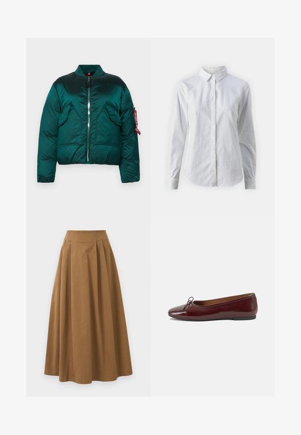 Roheline puffer-jakk, millel on tõmblukk, seisva krae, kaks eesmist taskut ja küljetasku punase sildiga. Sile, läikiv tekstuur.; Valge nööpidega särk, mis on valmistatud siledast puuvillast. Särgil on klassikaline krae, pikad varrukad ja kaarduv äär. Nöödid on väikesed ja valged.; Pruun puuvillane A-line seelik kõrge vöökohaga, millel on voldid ees ja sile tekstuur. Pika serva viimistlus on puhas ja lihtne.; Burgundi patendnahk kingad balletitüüpi, ümmarguse ninaosa, ees väike paelaaktsent ja madal must kummist tald. Sile tekstuur.