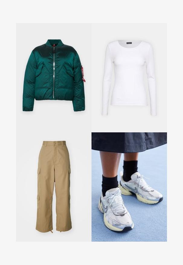 Zelena puffer jakna s patentnim zatvaranjem, stojećim kragnom, dva prednja džepa i bočnim džepom s crvenom naljepnicom. Glatka, sjajna tekstura.; Bijela rebrasta dugosveđa majica s okruglim izrezom. Izrađena od rastezljivog materijala koji se prilagođava tijelu. Sadrži suptilne horizontalne linije.; Bež cargo hlače visokog struka, širokih nogavica i četiri velika bočna džepa. Napravljene su od izdržljivog materijala s glatkom teksturom i minimalnim detaljima.; Bijele i srebrne Nike tenisice od mrežaste tkanine, s reflektirajućim detaljima i bež potplatom. Nosi se s crnim čarapama, stojeći na plavoj površini.