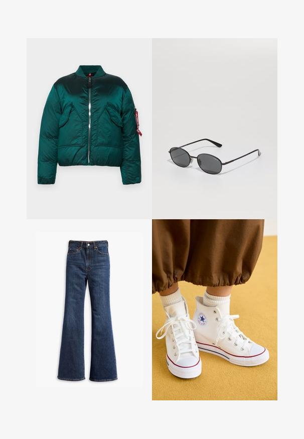 Casaco puffer verde com fecho de zíper, gola alta, dois bolsos frontais e um bolso lateral com uma etiqueta vermelha. Textura suave e brilhante.; Duas bralettes de algodão: uma em bege claro e outra em preto, com alças finas e um design em V. Etiquetas visíveis no interior.; Jeans de ganga azul escuro, com corte flare e cintura alta, apresentando cinco bolsos, fecho de botão e detalhes de costura visíveis ao longo das costuras.; Tênis de lona brancos de cano alto com sola de borracha, apresentando ilhós prateados, um acabamento em vermelho e azul, e um logotipo circular no tornozelo.; Óculos de sol ovais pretos com lentes escuras, armação de metal fina e hastes retas. Apresenta o logótipo da marca na parte interna da haste e almofadas para o nariz.; The North Face PACK UNISEX - Bolsa de cintura - black/asphalt grey