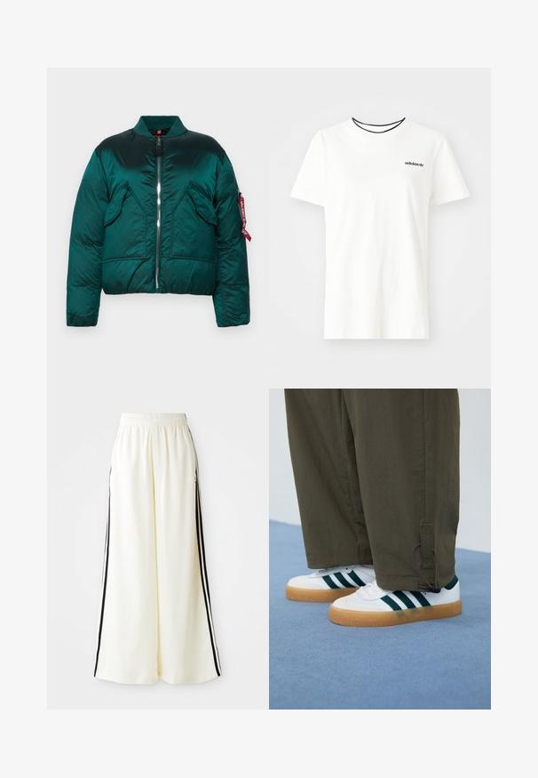 Zelená puffová bunda so zipsovým uzáverom, stojatým golierom, dvoma prednými vreckami a bočným vreckom s červenou etiketu. Hladká, lesklá textúra.; Biela bavlnená tričko s krátkymi rukávmi a okrúhlym výstrihom. Obsahuje čierne logo Adidas na hrudi a kontrastný čierny vnútorný golier.; Biele široké nohavice s elastickým pásom a čiernymi vertikálnymi pruhmi pozdĺž vonkajších švov.; Biele tenisky so zelenými pruhmi, gumové podrážky, v kombinácii s olivovozelenými, zúženými nohavicami s elastickými sťahovacími šnúrkami na členkoch.