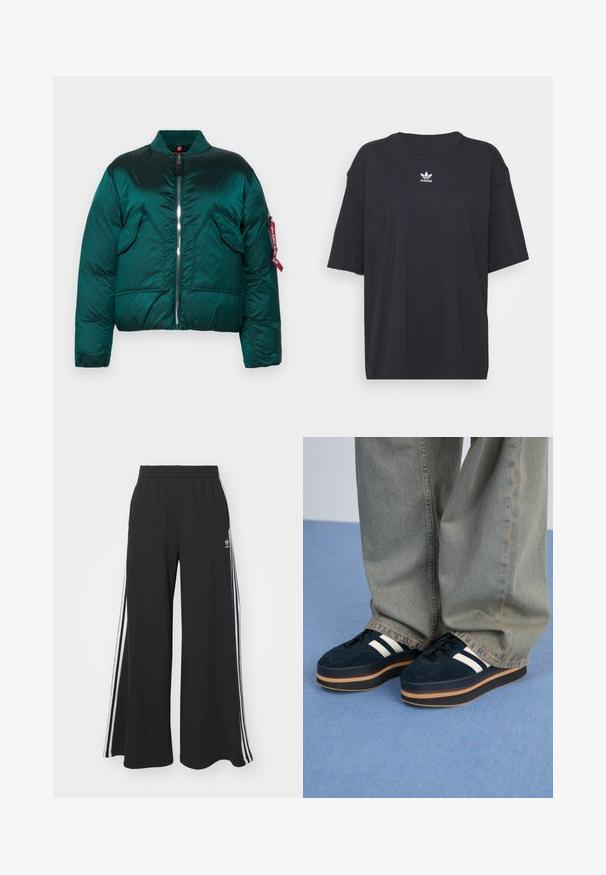 Groene pufferjack met een ritssluiting, staande kraag, twee voorkruiszakken en een zijzak met een rode label. Gladde, glanzende textuur.; Zwarte katoenen T-shirt met korte mouwen, ronde halslijn, voorzien van een wit Adidas-logo op de borst. Eenvoudig ontwerp, comfortabele pasvorm.; Zwarte wijde sweatpants met een elastische tailleband, met witte zijstrepen en een geborduurd logo op de linker dij.; Donkerblauwe suède platform sneakers met witte strepen en zwarte veters. Voorzien van een dikke bruine rubberen zool. Gecombineerd met lichtblauwe denim broek.