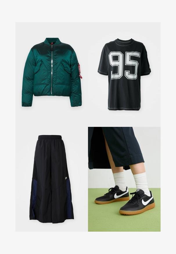 Roheline puffer-jakk, millel on tõmblukk, seisva krae, kaks eesmist taskut ja küljetasku punase sildiga. Sile, läikiv tekstuur.; Must mustaga t-särk lühikeste varrukatega, mille esiküljel on valge trükitud number "95" ja kontrastsete õmblustega servadel.; Mustad laiad mustad püksid kergest kangast, millel on tumesinine külgpaneel ja elastne vöökoht. Väike valge logo allservas.; Mustad nahast ja sünteetilised sneekerid valge Nike logoga, kummist gumme, ümar nina ja mustad paelad. Näha ribakujulisi valgeid sokke.