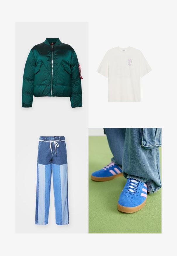 Zaļš pūkains apmetnis ar rāvējslēdzēju, stāvošu apkakli, divām priekšējām kabatām un sānu kabatu ar sarkanu birku. Gluda, spīdīga tekstūra.; Krēmkrāsas T-kreklus, izgatavots no mīksta auduma, ar purpura palmu koku grafiku un tekstu "SAULAINĀS KLUBS" uz priekšpuses. Kastveida piegriezums, īsas piedurknes.; Zilā džinsa bikses ar pārlikuma dizainu, kas sastāv no dažādiem zilās krāsas toņiem, ar auklu jostu un brīvām, taisnām kājām.; Zilas zamšādas kurpes ar rozā svītrām un baltām šņorēm, aprīkotas ar gumijas zoli, kopā ar brīvām džinsu biksēm uz zaļas virsmas.