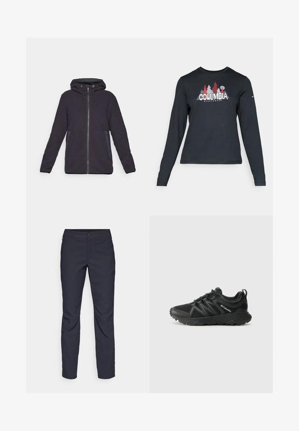 Fleece hettejakke med glidelås i mørkegrått med en teksturert overflate, justerbar hette og kontrasterende sidepaneler. Har frontglidelås og lommer.; Langermet mørkegrå skjorte med grafikk av røde trær og fjell; "COLUMBIA" logo i fet hvit tekst. Mykt stoff, standard rund hals.; Marineblå bukser laget av glatt stoff, med frontknappelukking, slim-fit design og pressede detaljer ved knærne.; Columbia PEAKFREAK - Fjellsko - black