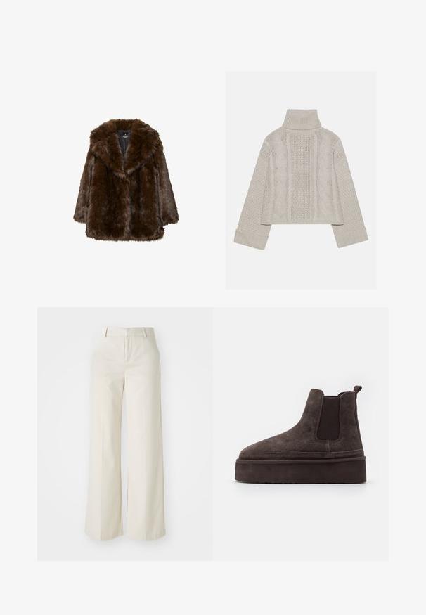 Brun pälsliknande jacka med bred krage, långa ärmar och en avslappnad passform. Texturen är mjuk och fluffig, med ett tjockt, plyschigt utseende.; Beskurad, ljusgrå stickad tröja med hög krage och ribbade manschetter, med strukturerade kablar som går längs bakstycket och sidorna.; Vidbenade byxor i en ljus beige färg, gjorda av ett slätt tyg. Har en klassisk midja och flat front med rena linjer.; Bruna mockaskinn Chelsea-stövlar med elastiska sidopaneler och en tjock, texturerad platåsål. Har en dragflik vid hälen för enkel påtagning.