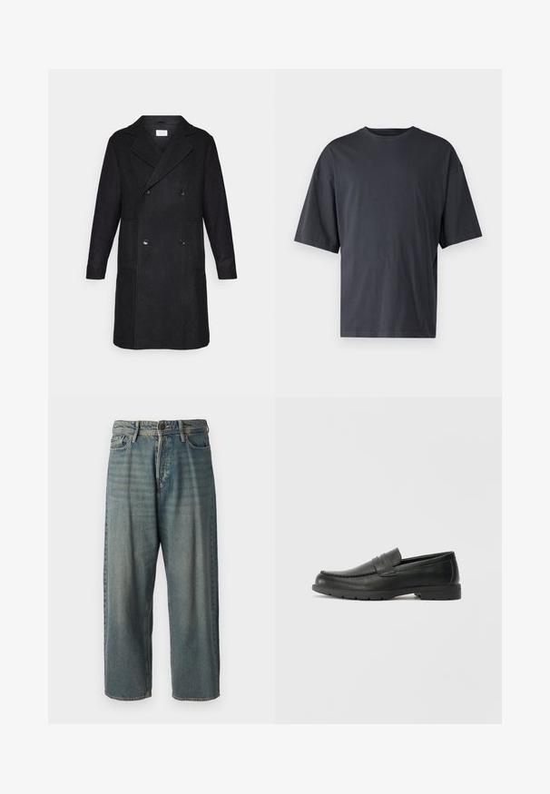 Melna vilnas maisījuma dubultā slēgšanas mēteli ar izgriezto atloku, divām priekšējām kabatām un teksturētu zoss zoba rakstu.; Tumši pelēkas īsām piedurknēm T-krekls, izgatavots no viegla kokvilnas, ar brīvu piegriezumu un klasisku apaļu kakla izgriezumu, bez rakstiem un ar vienveidīgu faktūru.; Gaiši zili džinsi ar brīvu piegriezumu, vidējo jostas augstumu un taisnām kājām. Satur piecas kabatas, jostas cilpas un pogu aizdari.; Melnas ādas loafers ar gludu apdari, mokasīnu stila augšdaļu, šūtu detalizāciju un gumijas zoli. Klasisks dizains ar zemu papēdi.