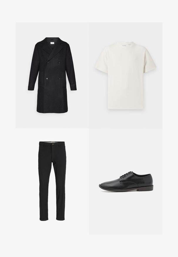 Mustritud must villasegu kahe rinna ja notšitud kraega mantel, millel on kaks eesmise taskut ja tekstureeritud herringbone muster.; Valge lühikeste varrukatega T-särk ribakudumises. Ümar kaelus, mugav lõige, nähtavad mustrid ega aksessuaarid puuduvad. Lihtne ja mitmekesine disain.; Mustast puuvillasegustest pükstest õhukese lõikega, milles on nööbikinnitus, taskud ja keeratud sääred, et saavutada lõdva lõppviimistluse.; Mustmust nahkkingad, millel on siledat finish, ümar nina ja madal profiili kummitald. Minimalistlik disain, ilma täiendavate kaunistusteta.