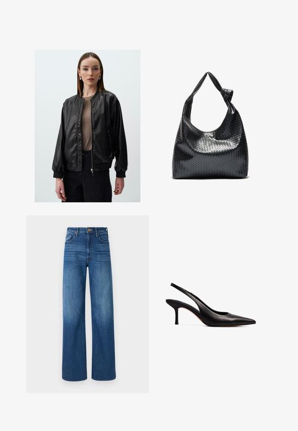 Zwarte neplederen bomberjack met een ritssluiting aan de voorkant, ribgebreide manchetten en een relaxte pasvorm, met een gladde textuur en minimale ontwerpelementen.; Blauw en witte gestreepte langlopende overhemstel met een spreadkraag, getailleerde pasvorm en afgeronde zoom. Gestructureerd katoenen materiaal.; Mother THE LASSO SNEAK - Relaxed fit jeans - dark blue denim; NA-KD Klassieke pumps - black; Zwarte geweven lederen handtas met een slouchy ontwerp, voorzien van een geknoopte schouderband en een kleine decoratieve gouden stud aan de bovenkant.