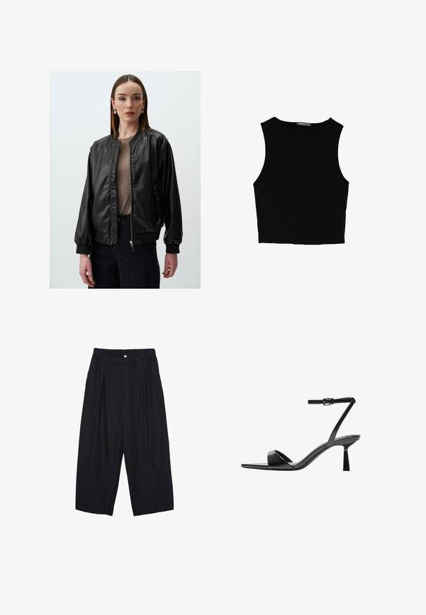 Giacca bomber nera in ecopelle con zip frontale, polsini a coste e vestibilità comoda, caratterizzata da una texture liscia e dettagli di design minimali.; Top corto senza maniche nero realizzato in tessuto liscio, con scollatura rotonda e un design pulito e semplice, privo di pattern o accessori.; Pantaloni culotte neri in poliestere con una cintura elastica, due pieghe frontali e una silhouette ampia. Nessun motivo visibile o dettagli in metallo.; Bershka Sandali con tacco - black