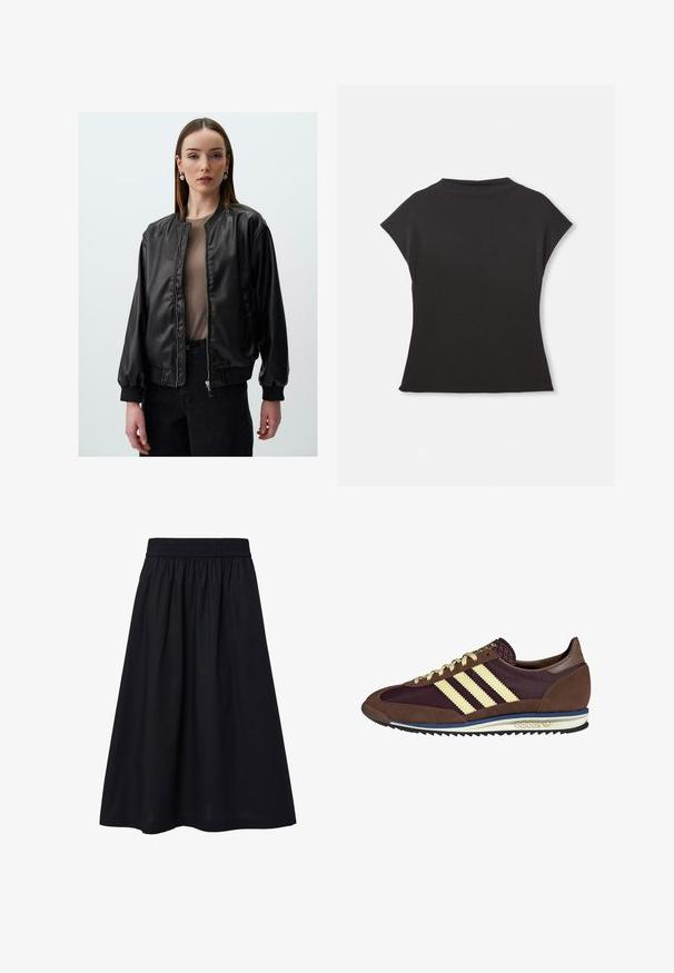 Veste bomber en faux cuir noir avec une fermeture éclair à l'avant, des poignets ribbed et une coupe décontractée, présentant une texture lisse et des détails de design minimalistes.; Haut noir à manches courtes avec un col montant et une coupe décontractée. Fabriqué en tissu doux avec une texture lisse. Pas de motifs ou graphiques visibles.; Jupe noire longueur genoux fabriquée en tissu léger. Caractérisée par une taille élastique et une texture simple et lisse. Pas de motifs ni d'ornements visibles.; Baskets marron et bordeaux avec des matériaux en daim et en maille, présentant trois rayures crème, un tissu texturé sur la languette et une semelle en caoutchouc.