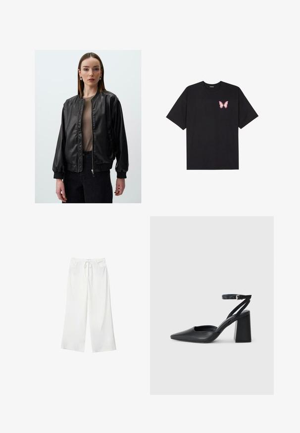 Zwarte neplederen bomberjack met een ritssluiting aan de voorkant, ribgebreide manchetten en een relaxte pasvorm, met een gladde textuur en minimale ontwerpelementen.; Zwarte katoenen t-shirt met korte mouwen, voorzien van een kleine roze vlinder graphic op de linkerkant van de borst. Crew neck ontwerp met een relaxte fit.; Witte wijde broek van zacht materiaal, met een koordsluiting in de taille en twee steekzakken. Soepele textuur en geen zichtbare patronen.; Zwarte leren puntige pump met een enkelbandje en een chunky hak. Vlakke textuur, strakke vormgeving en minimalistische esthetiek.