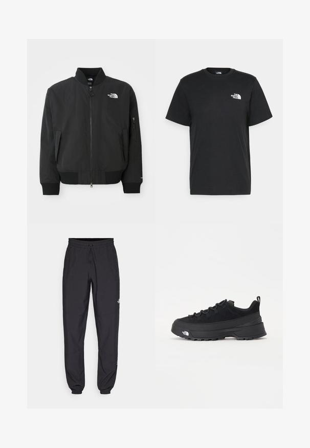 Casaco bomber preto feito de tecido suave, com gola redonda, punhos canelados e bolsos laterais com fecho zip. O logotipo da The North Face está no peito.; T-shirt de algodão preto com mangas curtas, decote redondo e um pequeno logótipo branco no lado esquerdo do peito. Design simples, textura suave e corte relaxado.; Calças atléticas pretas feitas de tecido leve, com um cós ajustável por cordão, bolsos laterais e punhos afunilados nos tornozelos.; Sapatilha de exterior preta com parte superior em camurça, sola de borracha texturizada e sistema de atacadores robusto. Apresenta um calcanhar reforçado e o logótipo da marca na lateral.