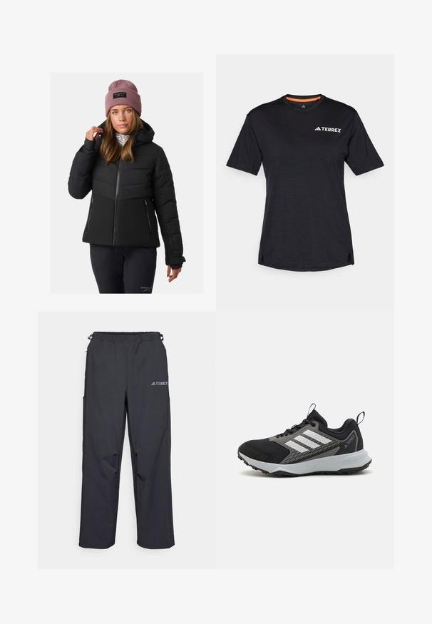 Giubbotto imbottito nero con zip frontale, cappuccio e design trapuntato. Presenta due tasche laterali con zip e polsini a costine.; T-shirt nero a maniche corte con scollo rotondo, caratterizzato da una leggera texture mélange e dal logo bianco "TERREX" sul lato superiore sinistro.; Pantaloni leggeri neri per esterni con vita elasticizzata, tasche laterali e un logo sulla coscia destra. Tessuto liscio e resistente all'acqua.; Scarpa sportiva nera con accenti grigi, dotata di una tomaia in mesh testurizzato, tre strisce bianche e una suola in gomma per una buona aderenza.