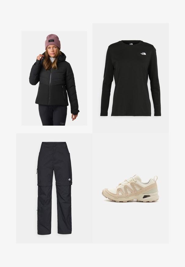 Czarna kurtka puchowa z zapięciem na zamek, kapturem i pikowanym wzorem. Posiada dwie boczne kieszenie na zamek i ściągacze na nadgarstkach.; Czarna koszulka z długim rękawem z bawełny z okrągłym dekoltem. Posiada niewielkie białe logo po lewej stronie na piersi. Prosty design i fason.; Czarne nylonowe spodnie cargo z odpinanymi nogawkami, regulowanymi mankietami, wieloma kieszeniami oraz logo na prawej nogawce. Gładka, lekka tekstura.; Beżowe i kremowe buty sportowe z teksturowanej siateczki, wspierającymi nakładkami oraz gumową podeszwą z wzorem bieżnika zapewniającym przyczepność.