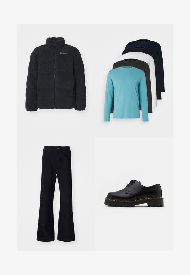 Zwarte fleece jas met een hoge kraag en een rits aan de voorkant. Heeft een gestructureerde, zachte stof en een subtiele logo op de bovenste links.; Vijf longsleeve T-shirts in een rij: turquoise, zwart, wit, donkergrijs en marineblauw. Zachte stof met een ronde hals en een standaard pasvorm.; Zwarte, katoenen flared broeken met een traditionele tailleband, enkele knoop aan de voorkant en zakken aan de zijkanten en achterkant. Glad textuur.; Zwarte leren veterschoen met een ronde neus, getextureerde rubberen zool en gele stiksels rond de basis. Plat ontwerp en een gladde afwerking.