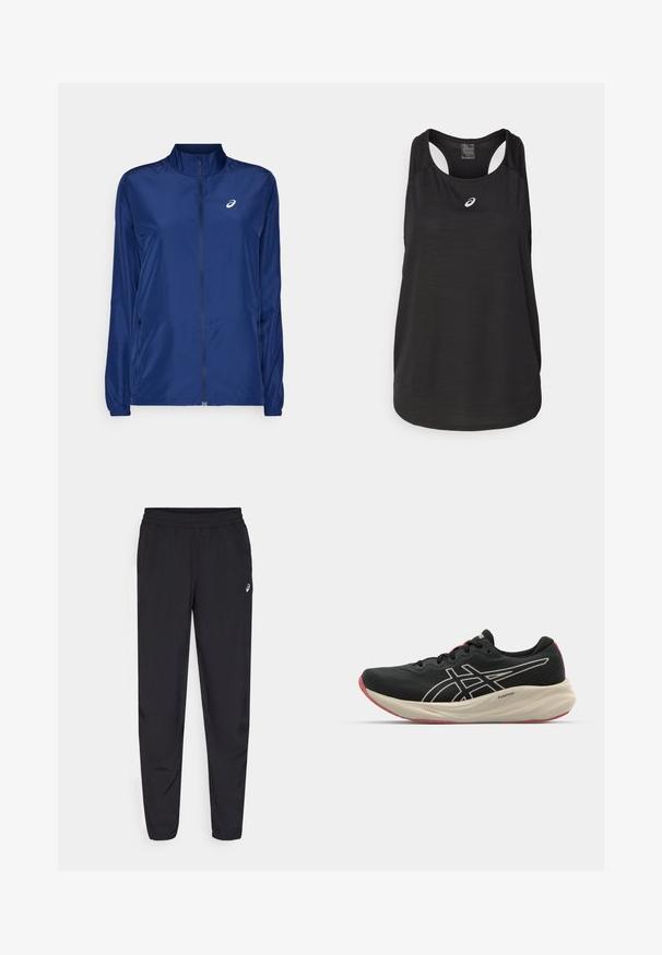 Tamsiai mėlyna lengva užtraukiama striukė su aukšta apykakle, ilgomis rankovėmis, užtraukiamomis šoninėmis kišenėmis ir maža balta logotipu ant krūtinės.; Juodas sportinis marškinėlis be rankovių, pagamintas iš lengvos medžiagos. Turi apvalų iškirpimą, lenktą nugarą ir mažą baltą logotipą priekyje.; Juodos sportinės kelnės su elastingu juosmeniu, siaurėjančiomis kojomis su gumytėmis, pagamintos iš lengvo, glotnaus audinio, su maža logo ant šlaunies.; Juodas bėgimo batelis su tinklinio audinio viršutine dalimi ir baltais akcentais. Yra paminkštintas tarpiklis ir raudona pado detalė. Lengvas dizainas.