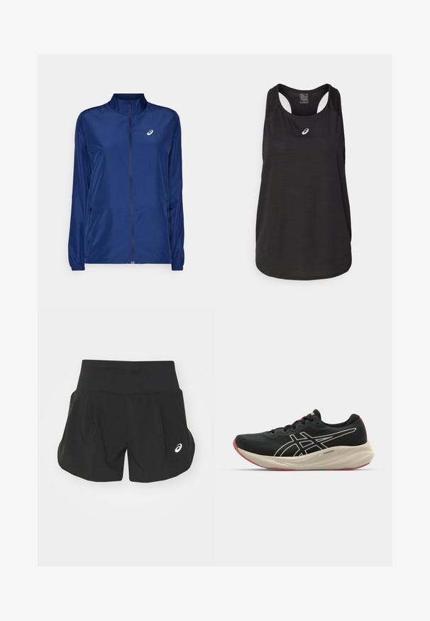 Marineblå lett zip-jakke med høy krage, lange ermer, glidelåslommer på sidene, og en liten hvit logo på brystet.; Svart treningssinglet laget av lett stoff. Har rund halslinning, racerback-design og en liten hvit logo på fronten.; Sorte atletisk shorts med bred midjebånd, plisserte detaljer og en liten hvit logo på nederste venstre side. Mykt, lett materiale.; Svart løpesko med mesh-overdel og hvite detaljer. Har en polstret mellomsåle og røde såledetaljer. Lett design.