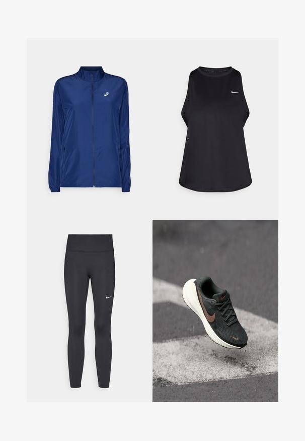Marineblaue, leichte Zip-Jacke mit hohem Kragen, langen Ärmeln, seitlichen Reißverschlusstaschen und einem kleinen weißen Logo auf der Brust.; Schwarzes ärmelloses Lauf-Tanktop aus leichtem Material mit Rundhalsausschnitt; verfügt über ein dezentes Logo und Seitenschlitze für Atmungsaktivität.; Schwarze Leggings aus elastischem Stoff, mit einem hohen Bund und einem weißen Nike-Logo auf dem linken Oberschenkel. Glatte Textur, figurbetontes Design.; Schwarzer Mesh-Laufschuh mit strukturiertem Obermaterial, einem braunen Nike-Swoosh und einer weißen gepolsterten Sohle, die über einer grauen Fläche schwebt.