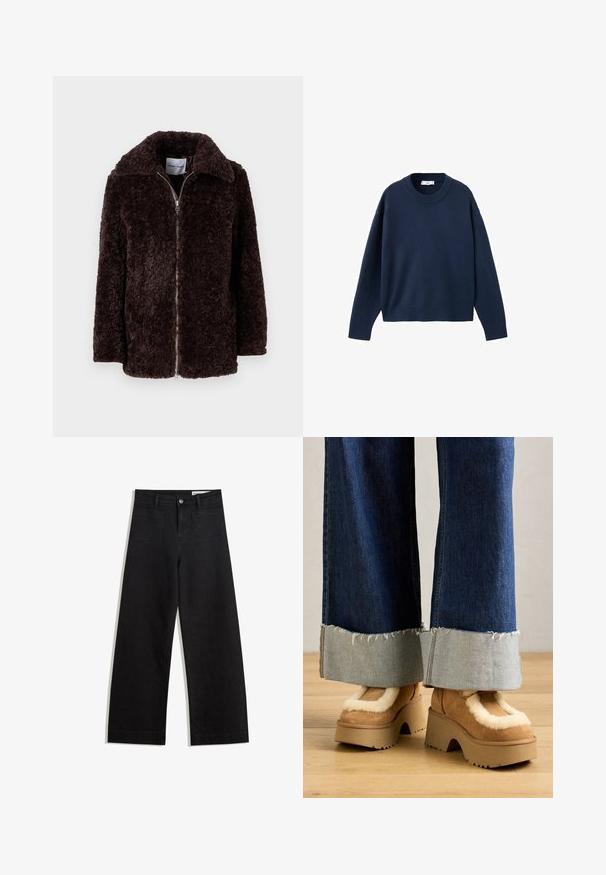 Jachetă maro, pufoasă, cu guler lat, închidere cu fermoar și mâneci lungi. Textură moale și croială relaxată. Fără buzunare vizibile sau modele.; Pulover tricotat bleumarin, cu guler rotund, mâneci lungi și manșete și tiv cu ochiuri. Textură moale, croială lejeră, design minimalist.; Pantaloni din denim negri cu picioare largi, cu talie înaltă, având buzunare frontale și posterioare, cusături dublate și închidere cu nasture. Textură netedă.; Botine din suede maro cu căptușeală de blană crem, asortate cu pantaloni din denim largi, cu margini desfăcute și o manșetă din denim mai deschis.