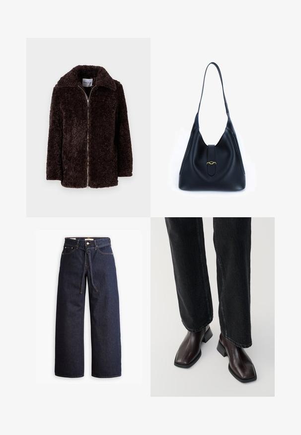 Rudas, pūkuotas švarkas su plačiu apykakle, užtrauktuku ir ilgomis rankovėmis. Minkšta tekstūra ir laisvas prigludimas. Nėra matomų kišenių ar raštų.; Jūrinis turtlenckas ilgomis rankovėmis. Pagamintas iš minkštos medžiagos su lygiu paviršiumi. Turi prigludusį dizainą ir aukštą apykaklę be matomų siūlių.; Plačios kojų tamsiai mėlynos džinsinės kelnės su aukštu liemeniu, turinčios raištį, penkias kišenes ir kontrastingas siūles.; Rudos odinės aulinės avalynės su kvadratiniu pirštu ir blokuoto tipo kulnu, derinamos su juodomis plačiomis kelnėmis. Lygus tekstūras ir minimalistiškas dizainas.; Juodos odinės rankinės minkštu, nusvirusiu dizainu. Yra platus diržas ir centrinis uždarymas, papuoštas auksiniu akcentu.