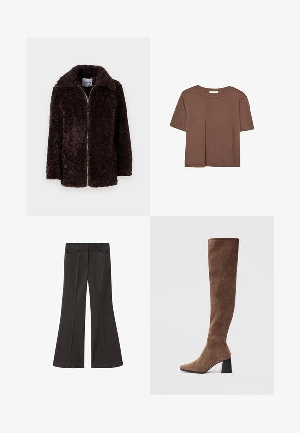 Hnědá, chlupatá bunda s širokým límcem, zipem a dlouhými rukávy. Měkká textura a volný střih. Nemá viditelné kapsy ani vzory.; Hnědé tričko s krátkým rukávem vyrobené z měkké látky, s kulatým výstřihem a volným střihem. Bez viditelných vzorů nebo dekorací.; Černé rozšířené kalhoty s vysokým pasem; mají dvě přední kapsy a hladkou texturu látky. Vhodné pro různé příležitosti.; Hnědé kozačky nad kolena vyrobené z měkké semiše s špičatou špičkou a silným černým podpatkem. Design obsahuje bezešvé švy pro elegantní vzhled.