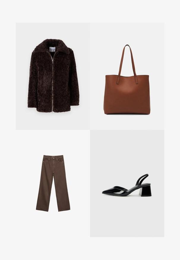 Hnedá, chlpateľná bunda so širokým golierom, s uzáverom na zips a dlhými rukávmi. Mäkka textúra a voľný strih. Žiadne viditeľné vrecká ani vzory.; Hnedé tričko s krátkym rukávom vyrobené z jemného materiálu, s okrúhlym výstrihom a voľným strihom. Žiadne viditeľné vzory ani akcenty.; Džínsy s širokými nohavicami v hnedej farbe, vyrobené z denimu, so zvýšeným pásom, prednými vreckami a klasickým zapínaním na gombík. Hladká textúra s jemným prešívaním.; Čierne lakované kožené sandálové podpätky s špicatou špičkou a geometrickým blokovým podpätkom. Disponujú elegantným, minimalistickým dizajnom a hladkým povrchom.; Hnedá kožená taška na rameno s hladkou textúrou, otvoreným vrchom a dvoma ramenými popruhmi. Má minimálne šitia a žiadne viditeľné kovania.