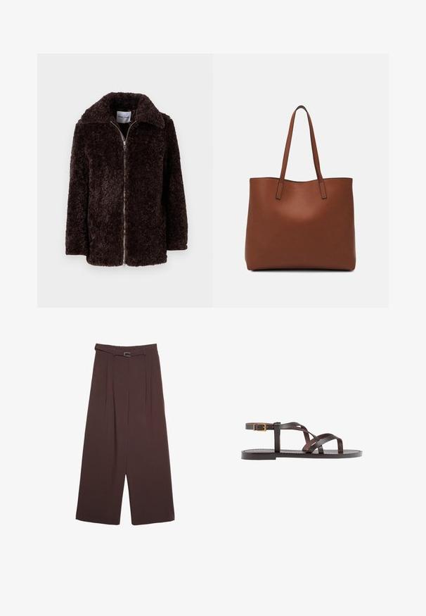 Hnedá, chlpateľná bunda so širokým golierom, s uzáverom na zips a dlhými rukávmi. Mäkka textúra a voľný strih. Žiadne viditeľné vrecká ani vzory.; Biela krátkopsová tričko vyrobené z bavlny. Má okrúhly výstrih a voľný strih. Hladká textúra bez viditeľných vzorov alebo akcentov.; Stradivarius WIDE-LEG WITH BUCKLE DETAIL - Nohavice - dark brown; Hnedé kožené sandály s krížovými popruhmi, uzatváraním na pracku okolo členku a plochou podrážkou s minimálnymi ševmi.; Hnedá kožená taška na rameno s hladkou textúrou, otvoreným vrchom a dvoma ramenými popruhmi. Má minimálne šitia a žiadne viditeľné kovania.