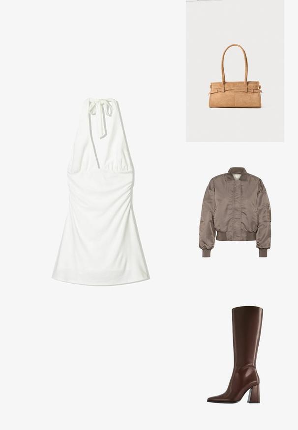 Braune Satin-Bomberjacke mit geripptem Kragen und Bündchen, Reißverschlusstasche am Ärmel und gerafftem Saum. Glatte Textur und übergroßer Schnitt.; Weißes Halftertop mit einer Krawatte am Hals, ausgestattet mit gerafftem Stoff am Oberteil und einem fließenden Saum. Glatte Textur ohne Muster oder Akzente.; Brauner kniehoher Lederstiefel mit spitzer Zehe und klobigem mittelhohem Absatz, Seitenansicht vor weißem Hintergrund.; Tasche aus braunem Wildleder mit zwei langen Griffen, rechteckiger Form und dekorativer Naht. Verfügt über einen seitlichen Riemen und subtile goldene Hardwareakzente.
