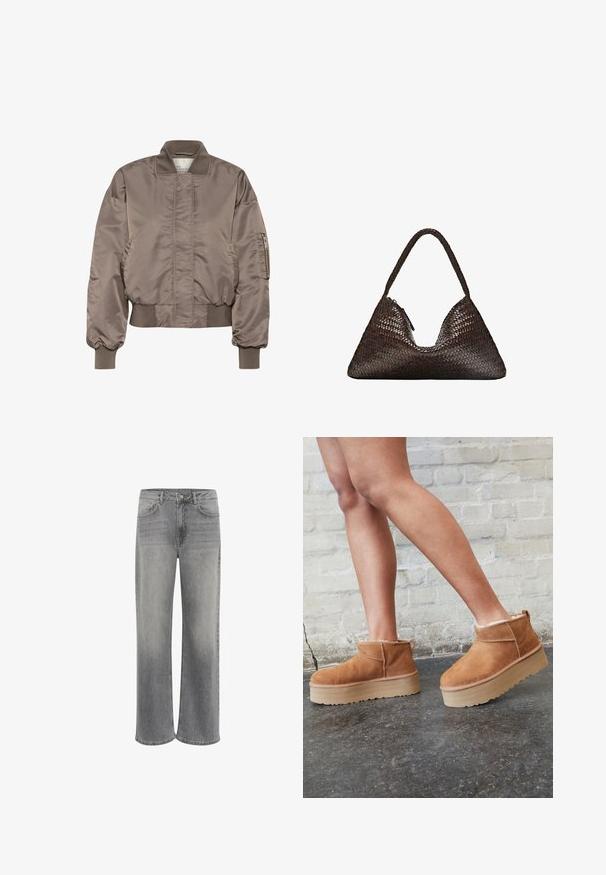 Brun satin bomberjakke med ribbet krave og manchetter, lynlåsærmelomme og samlet talje. Glat tekstur og oversized pasform.; Lys grå strikket langærmet sweater med ribbet kant og manchetter, med en V-hals og afslappet pasform.; Hvid kortærmet t-shirt lavet af bomuld. Har en rund halsudskæring og en afslappet pasform. Glat tekstur uden synlige mønstre eller detaljer.; Vide ben jeans i grå denim, med høj talje, fem lommer, lukning med knap foran og subtilt slid på stoffet.; Brune ruskinds ankelsko med en blød foring, tyk beige plattformsål og en bageste løkke. Tekstureret overflade med synlige sømdetaljer.; Mørkebrun trekantet håndvævet læderhåndtaske med en enkelt flettet hank og synlig lynlåstrækker på den ene side.; Sæt af otte sølvringar med forskellige design, herunder glatte, teksturerede og en med små perler. Funktioner inkluderer kurver og accenter.