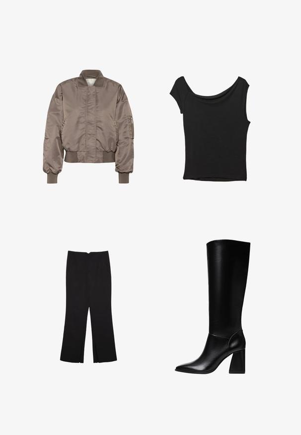 Giacca bomber in satin marrone con colletto e polsini a coste, tasca con zip sulla manica e vita arricciata. Texture liscia e vestibilità oversize.; Top nero a maniche corte realizzato in tessuto liscio; presenta un colletto drappeggiato e un orlo asimmetrico, con una vestibilità aderente.; Pantaloni neri a gamba dritta, con tasche frontali e spacchi laterali all'orlo. Realizzati in tessuto morbido e liscio. Adatti a diverse occasioni.; Stradivarius Stivali con i tacchi - black