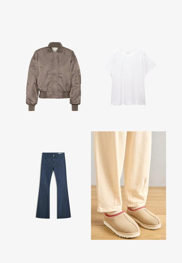 Hnědá saténová bomber bunda s žebrovaným límcem a manžetami, kapsou na zip na rukávu a nabíraným pasem. Hladká textura a oversized střih.; Bílý tričko vyrobené z měkké, lehké tkaniny. Má kulatý výstřih a krátké, široké rukávy s uvolněným střihem. Bez viditelných vzorů.; Tmavě modré rozšířené džíny z denimu s prošitými kapsami, zapínáním na knoflík a hladkým povrchem. Obsahují klasický design s pěti kapsami.; Hnědé semišové dřeváky s červeným dekorativním lemováním a bílou gumovou podrážkou, spárované s světlými béžovými kalhotami, umístěné na dřevěné podlaze.