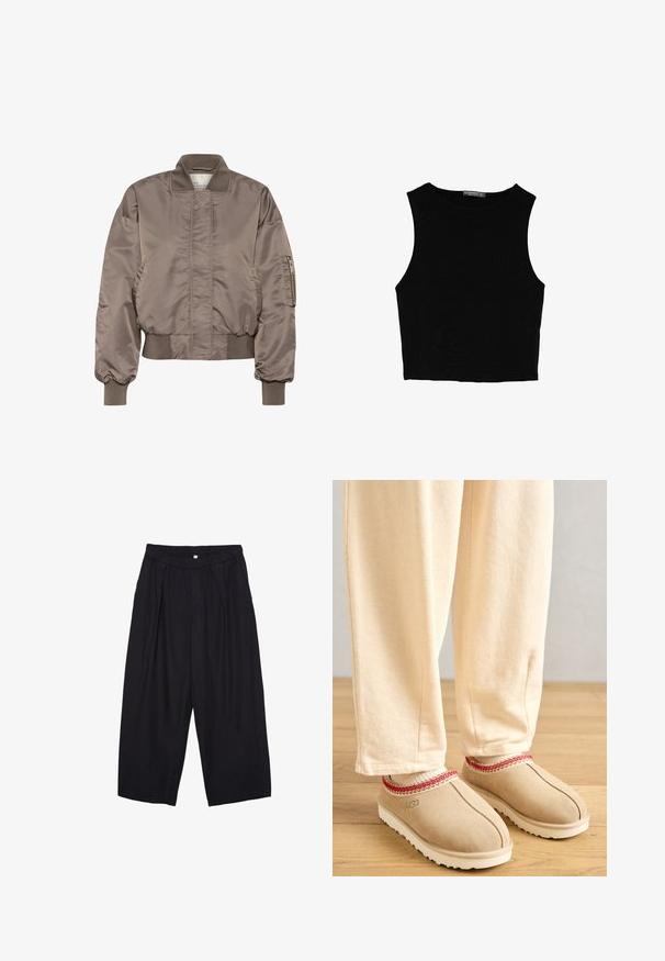 Brązowa satynowa kurtka bomberka z prążkowanym kołnierzem i mankietami, kieszenią na suwak na rękawie oraz marszczonym pasem. Gładka tekstura i luźny krój.; Czarny bezrękawnik crop top z gładkiego materiału, z okrągłym dekoltem i czystym, prostym wzornictwem, bez wzorów czy metalowych elementów.; Czarne spodnie culotte z poliestru z elastycznym pasem, dwoma fałdami z przodu i luźnym krojem. Brak widocznych wzorów lub elementów metalowych.; Karmelowe klompy z czerwonym ozdobnym wykończeniem i białą gumową podeszwą, zestawione z jasnobeżowymi spodniami, umieszczone na drewnianej podłodze.