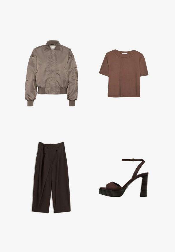 Brown satin bomber jacket with a ribbed collar and cuffs, zippered sleeve pocket, and gathered waist. Smooth texture and oversized fit.; Brown short-sleeve t-shirt made of soft fabric, with a round neckline and relaxed fit. No visible patterns or accents.; Dark brown wide-leg trousers with a high waist, featuring a single button closure and a pleated front. Made from lightweight fabric.; Brown suede high-heeled sandal with an open toe, adjustable ankle strap, and a striped platform sole.