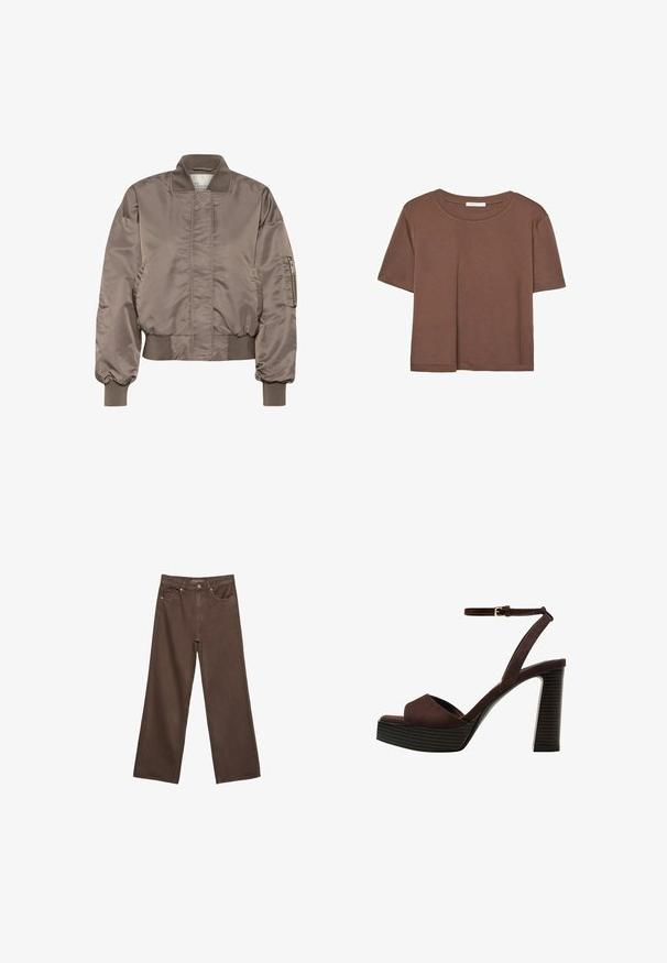 Brown satin bomber jacket with a ribbed collar and cuffs, zippered sleeve pocket, and gathered waist. Smooth texture and oversized fit.; Brown short-sleeve t-shirt made of soft fabric, with a round neckline and relaxed fit. No visible patterns or accents.; Wide-leg brown jeans made of denim, featuring a high waist, front pockets, and a classic button closure. Smooth texture with subtle stitching.; Brown suede high-heeled sandal with an open toe, adjustable ankle strap, and a striped platform sole.