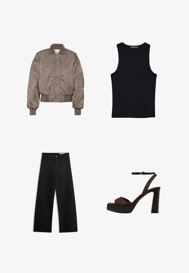 Brun satin bomberjakke med ribbet krave og manchetter, lynlåsærmelomme og samlet talje. Glat tekstur og oversized pasform.; Sort tank top lavet af bomuld, med rund halsudskæring og brede armhuller. Glat tekstur med syede kanter. Klassisk, minimalistisk design.; Sorte wide-leg denim bukser med høj talje, der har front- og baglommer, syede sømme og en knaplukning. Glat tekstur.; Brune ruskinds højhælede sandal med åben tå, justerbar ankelrem og en stribet plade sål.