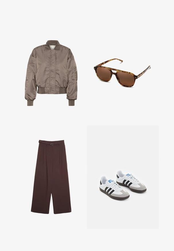 Brun satin bomberjakke med ribbet krave og manchetter, lynlåsærmelomme og samlet talje. Glat tekstur og oversized pasform.; Hvid kortærmet t-shirt lavet af bomuld. Har en rund halsudskæring og en afslappet pasform. Glat tekstur uden synlige mønstre eller detaljer.; Stradivarius WIDE-LEG WITH BUCKLE DETAIL - Bukser - dark brown; Sportsko med en overdel i hvid læder, grå ruskind på tåen og tre sorte striber. Har et blåt logo på tungen og en struktureret gummisål.; Skildpaddemønstrede solbriller med brune linser, rektangulær form og tynde arme. Har subtile metalliske accenter på rammen.