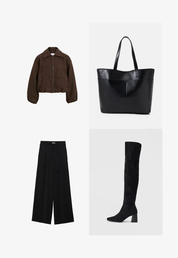 Brūna vilnas jaka ar rāvējslēdzēju priekšpuses daļā, plašu apkakli un elastīgu apakšmalu. Iespējas sānu kabatas un mīksta, teksturēta virsma.; Melna garām piedurknēm krekls ar izplestu aproču, maigu tekstūru un brīvu piegriezumu, ar vienkāršu apaļu dekoltē.; Melni platleņķa bikses ar teksturētu audumu, elastīgu jostu un noņemamu siksnu viduklī, kas nodrošina regulējamu piegulšanu.; Melna zamšāda līdz ceļiem, ar blokveida papēdi, norādītu purngalu un gludu, bezšuvju dizainu uz vienkārša gaiša fona.; Melnas ādas iepirkumu soma ar divām garām rokturām, gludu tekstūru un strukturētu formu. Iekļauj priekšējo kabatu papildu uzglabāšanai.