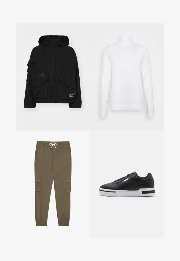Black waterproof jacket featuring a high collar, multiple zippered pockets, and adjustable drawstrings on the hood and hem.; White turtleneck sweater with long sleeves, made of smooth fabric. Features a fitted design and ribbed cuffs and hem. No patterns or accents.; Khaki cargo pants with an elastic waistband and drawstring, featuring side pockets and cuffed ankles. Made from a textured, lightweight material.; Black leather sneaker with white midsole, perforated toe, gold logo detail, padded collar, and contrasting black accents on the side.