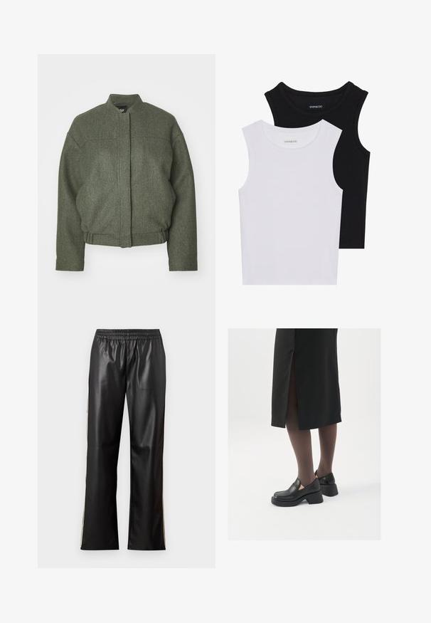 Veste en mélange de laine verte avec col montant, coupe oversized, ourlet court et deux poches avant. Tissu texturé avec des détails de couture minimaux.; Deux hauts sans manches en noir et blanc, en coton côtelé, avec des encolures rondes et une coupe ajustée. Étiquettes visibles sur les deux.; Pantalons en faux cuir noir avec une taille élastique, design à jambe droite et rayures latérales contrastantes. Texture lisse et style minimaliste.; Chaussures noires en cuir avec un bout arrondi, un épais talon bloc et des accents latéraux élastiques, associées à des bas foncés et une jupe noire avec une fente.