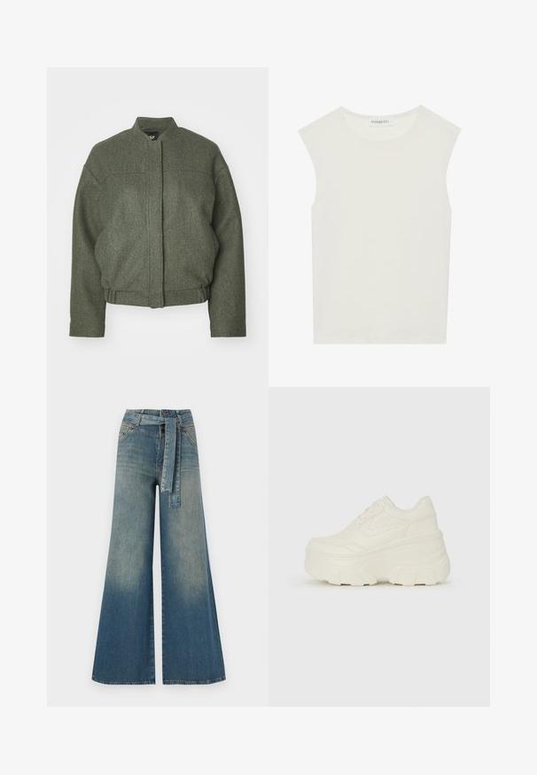 Grønn ullblanding jakke med ståkrage, bokser fit, kort hem og to frontlommer. Teksturt stoff med minimale sømdetaljer.; Hvit ermeløs topp med rund hals. Laget av glatt stoff, har den en avslappet passform og minimalistisk design. Ingen mønstre eller detaljer.; Bredde ben jeans med en lyseblå til mørkeblå gradient, høyt liv, beltehemper og et matchende belte i samme stoff. Teksturert denimoverflate.; Hvite plattformsnickers med en glatt læraktig overdel, avrundet form, polstret krage og teksturert gummisåle med tydelige dekk.